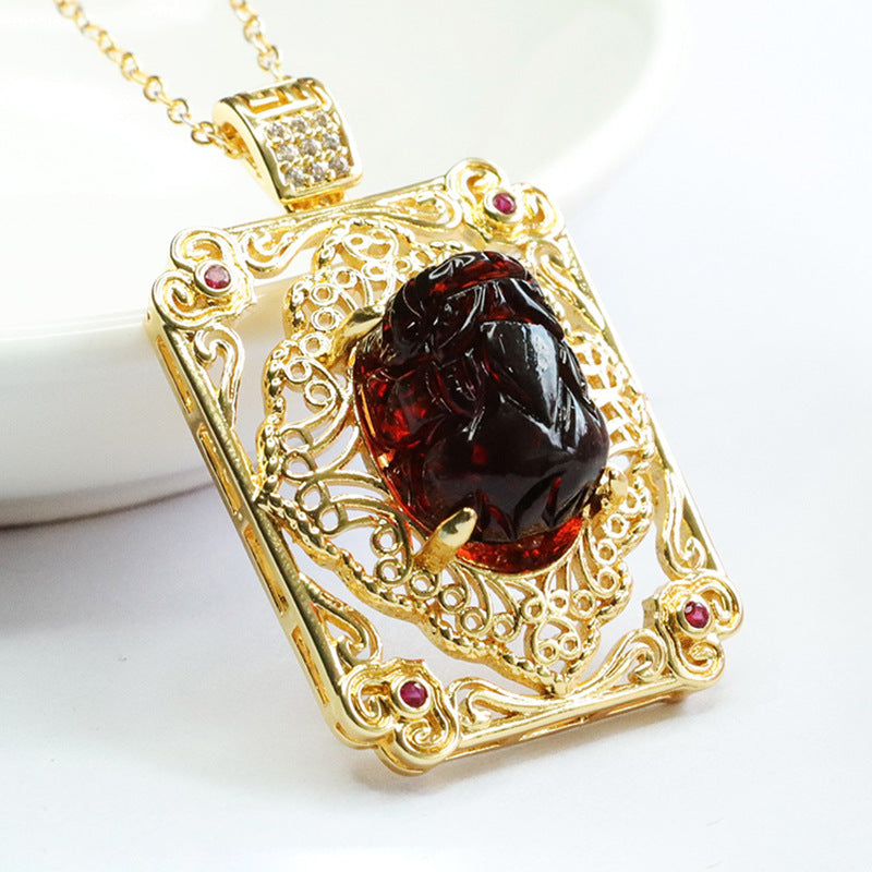 Amber Beeswax Pixiu Pendant Necklace with Sterling Silver Chain