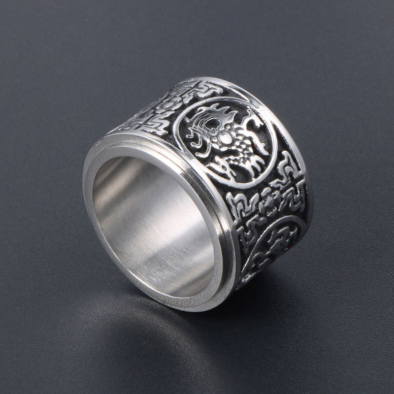 Trendy Men's Titanium Steel Ring with Rotatable Mythical Beasts Design - Unique Retro Style for Men