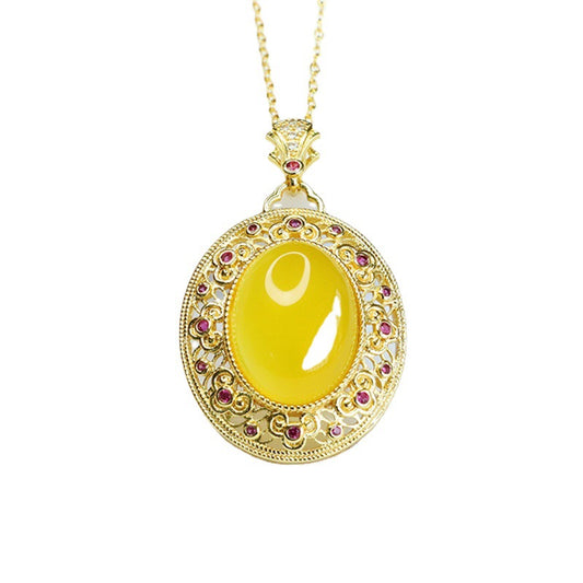 Yellow Chalcedony Ruyi Pattern Zircon Sterling Silver Pendant