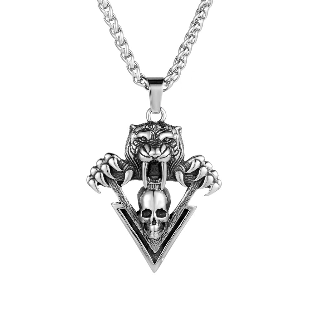 Titanium Steel Saber-Toothed Tiger Pendant Necklace with Retro Skull Design for Men