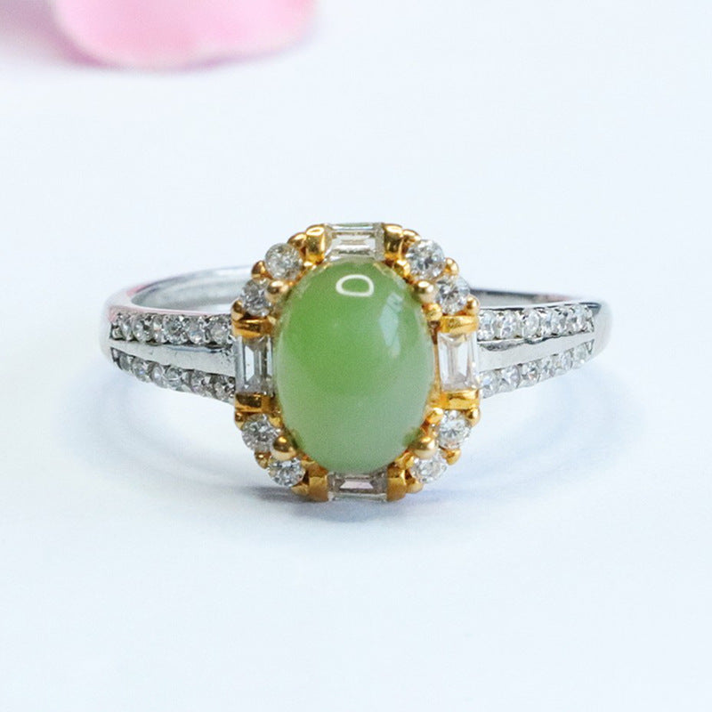 Sparkling Zircon Hotan Jade Jasper Egg Silver Ring