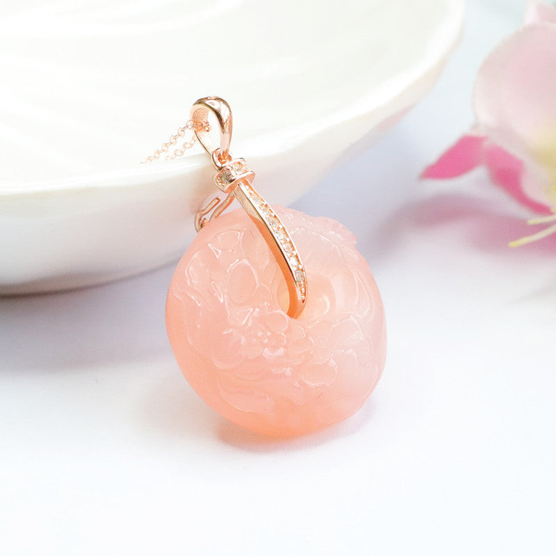 Sterling Silver Peony Agate Pendant Necklace in Rose Gold