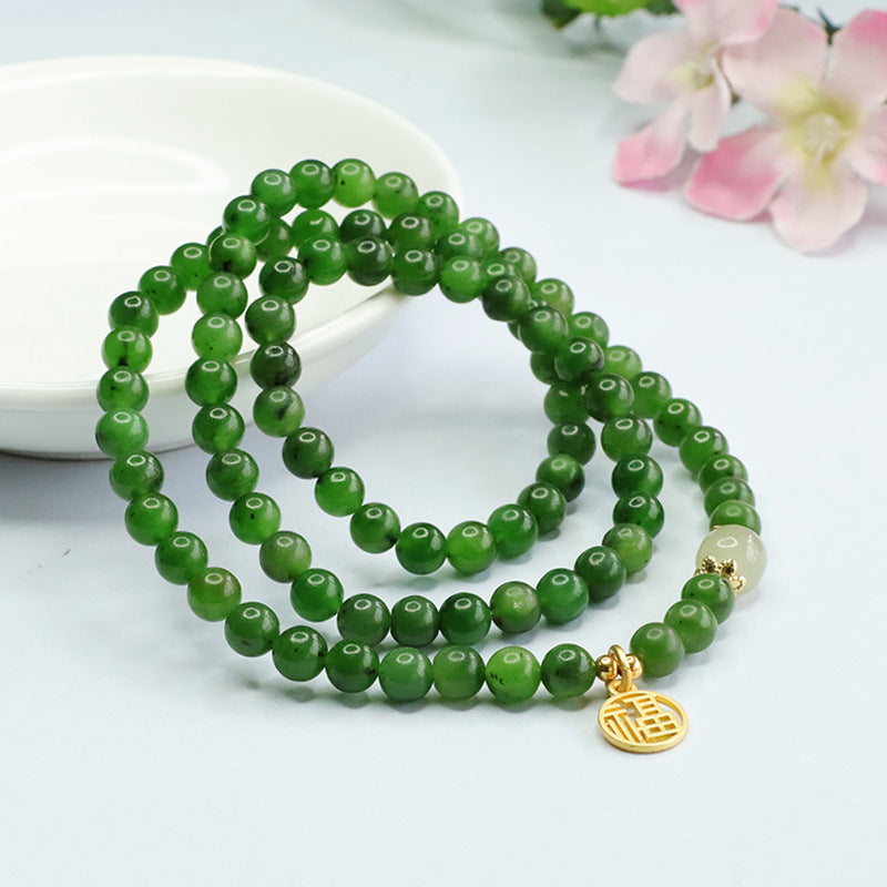 Natural Hetian Jade and Russian Jasper Sterling Silver Bracelet