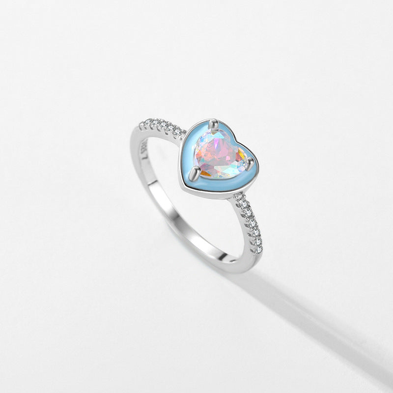 Women's Sterling Silver Heart Shaped Zircon Ring in Colorful Inlay