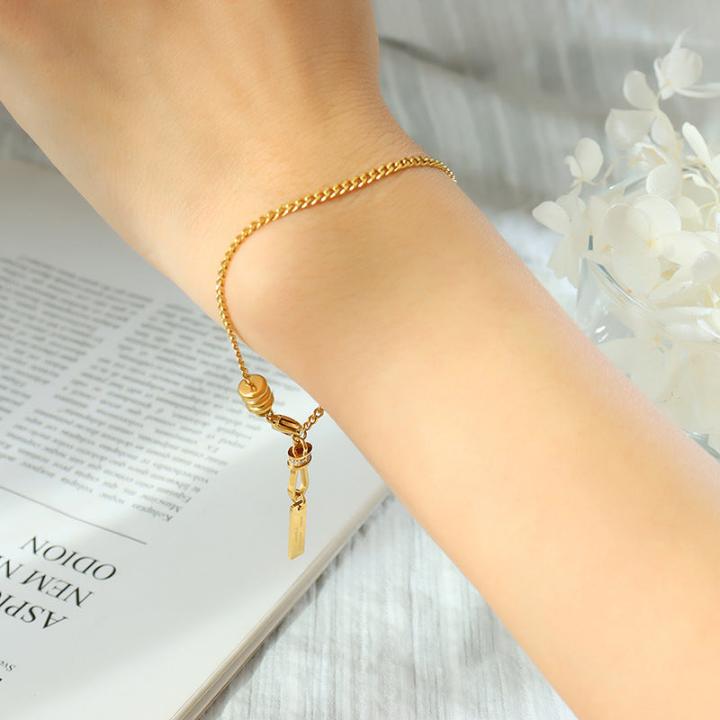 Elegant Square Pendant Bracelet with Gold-Plated Titanium Steel and Zircon Lettering