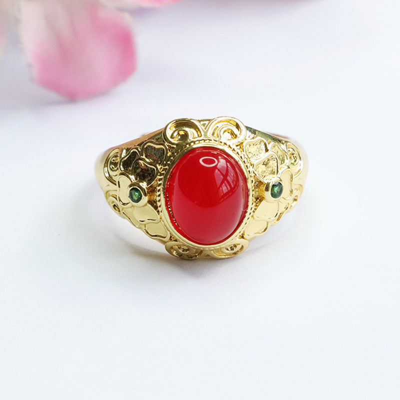 Regal Golden Sterling Silver Ring with Chalcedony and Red Agate