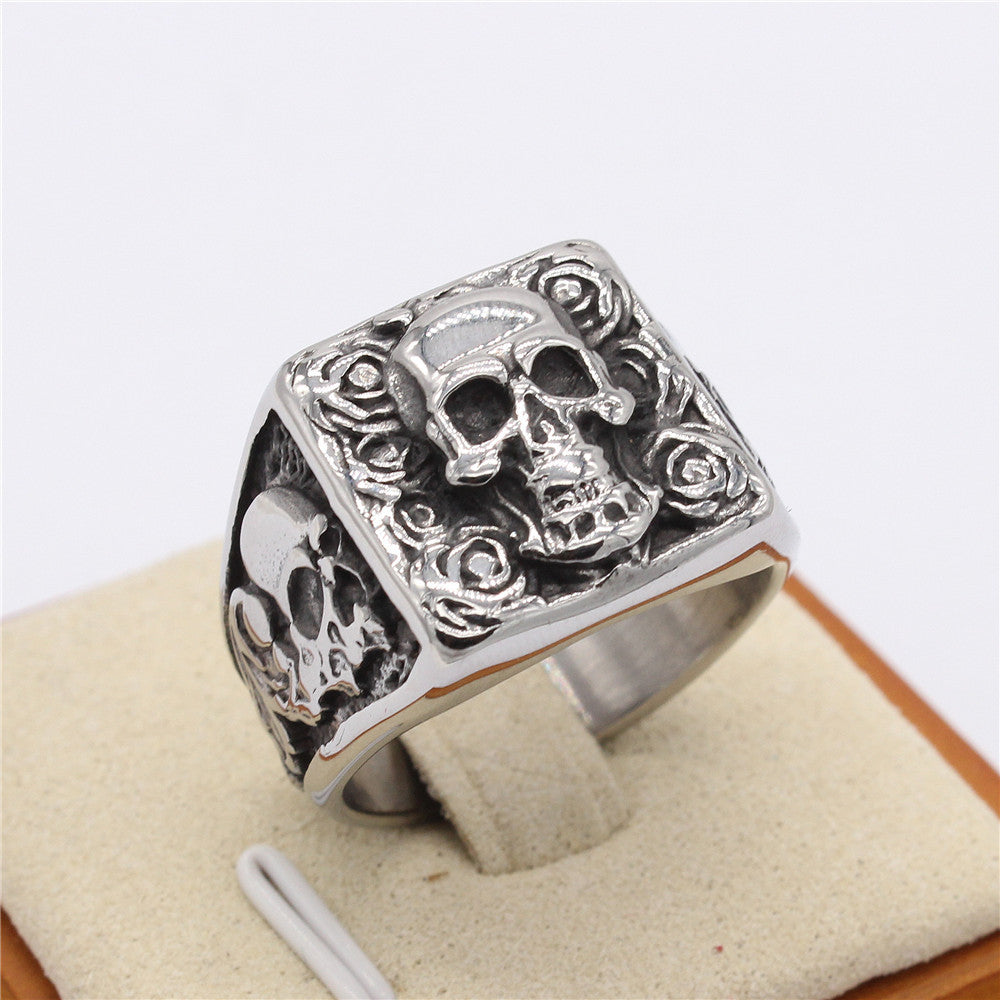 Halloween Carved Skull Roses Square Titanium Steel Ring for Men