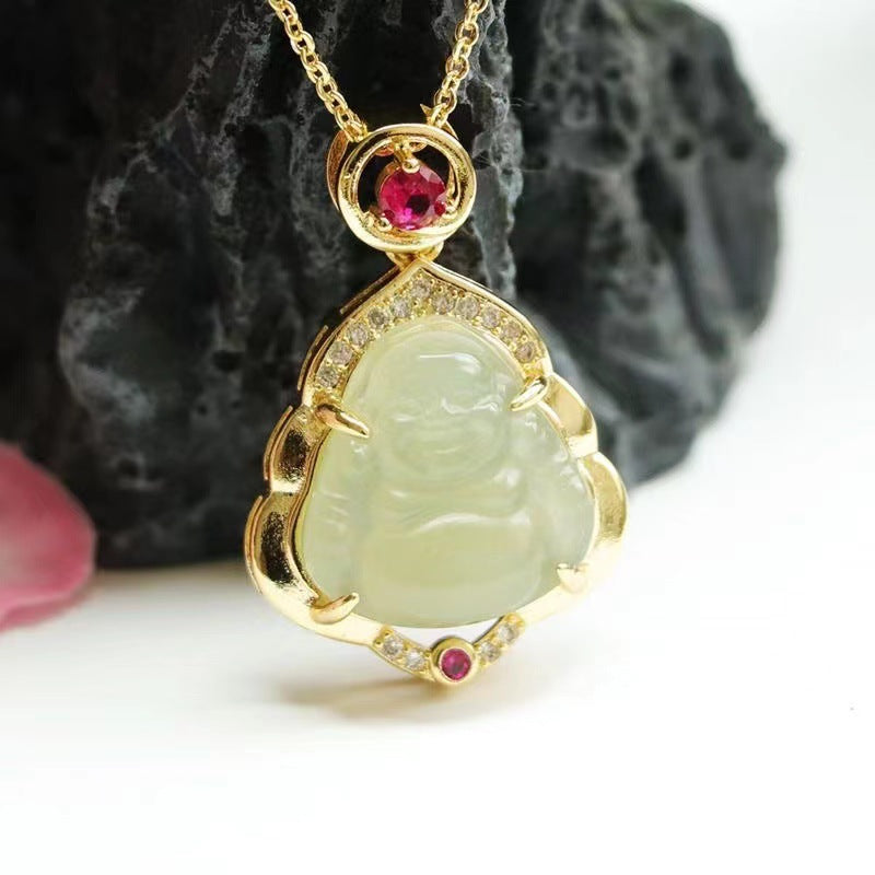 Maitreya Buddha Fortune's Favor Silver Necklace with Jade Gemstone