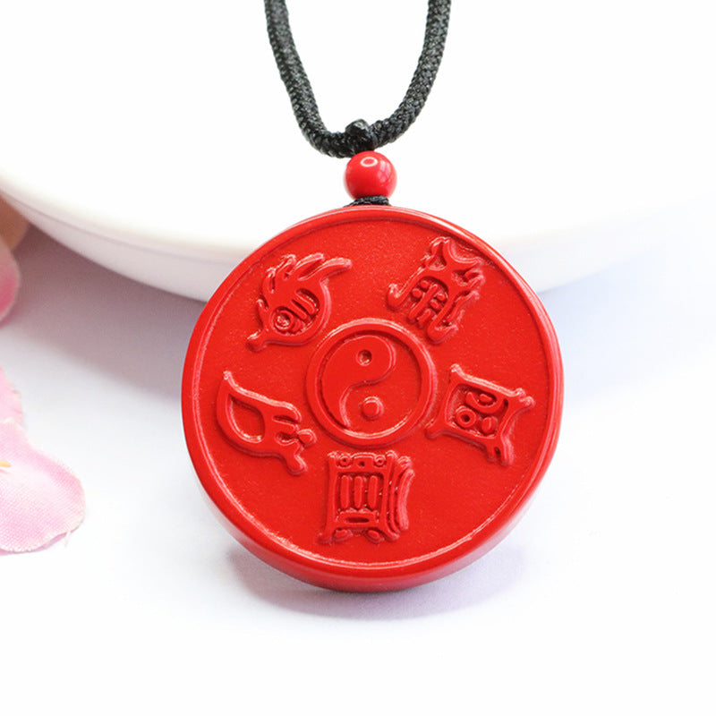 Round Red Cinnabar Pendant with Taoist Symbolism