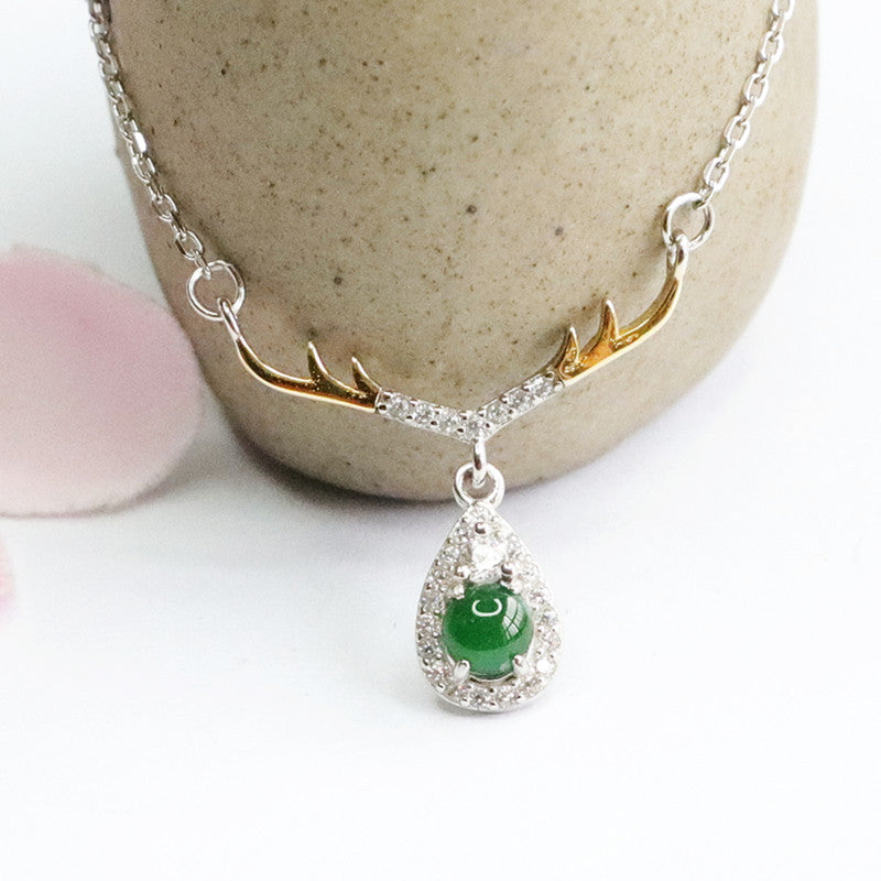 S925 Sterling Silver Elegant Water Drop Deer Necklace with Natural Ice Emperor Green Jadeite