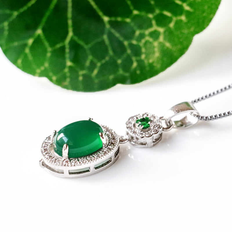 Green Chalcedony Zircon Oval Pendant - Sterling Silver Jewelry