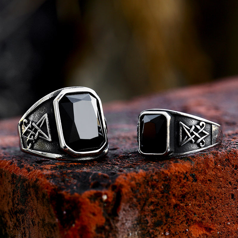 Lucifer Satan Inspired Stainless Steel Men's Ring - Retro Titanium Steel with Stone Inlays, Sizes 7-13 Available