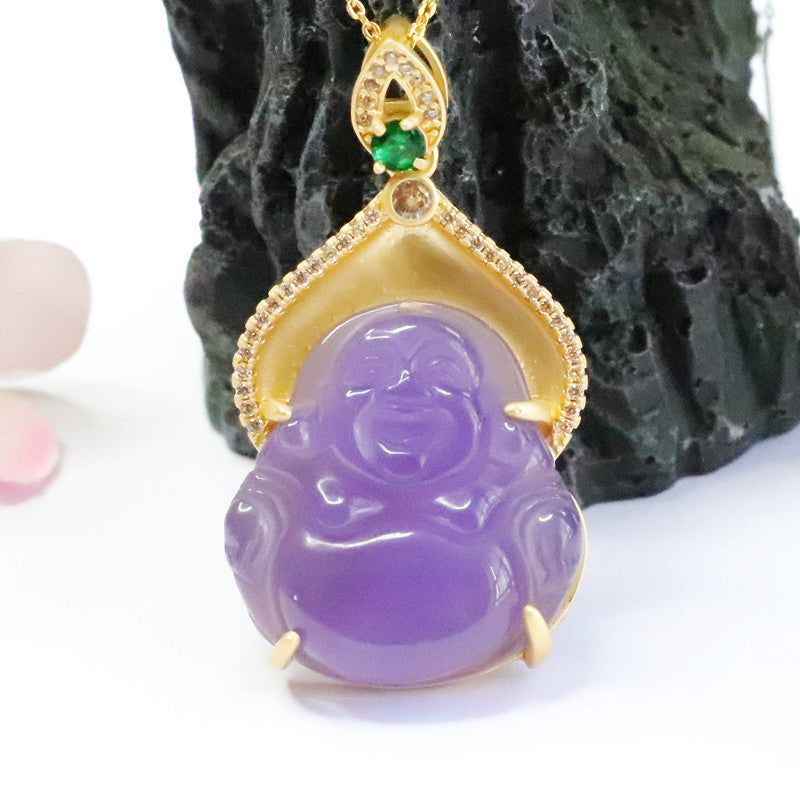 Golden Necklace with Purple Chalcedony Buddha Pendant