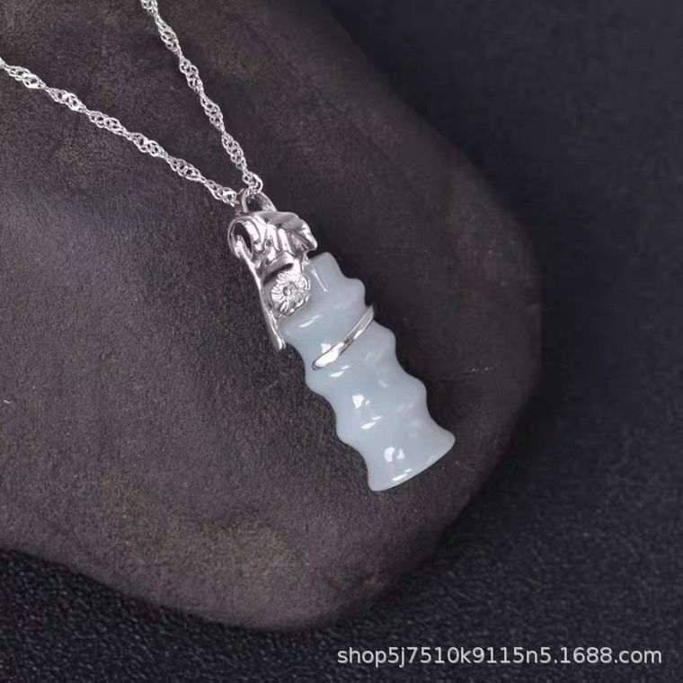 Sterling Silver Bamboo Necklace with Jade Pendant