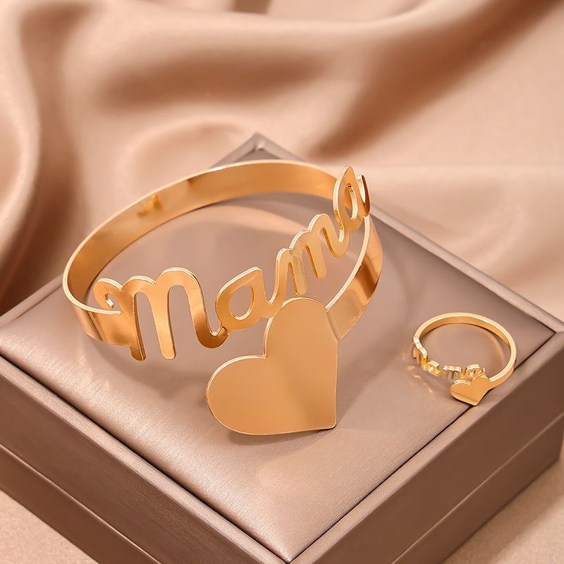 Stylish Metal Love MAMA Bracelet and Ring Set for Mother's Day