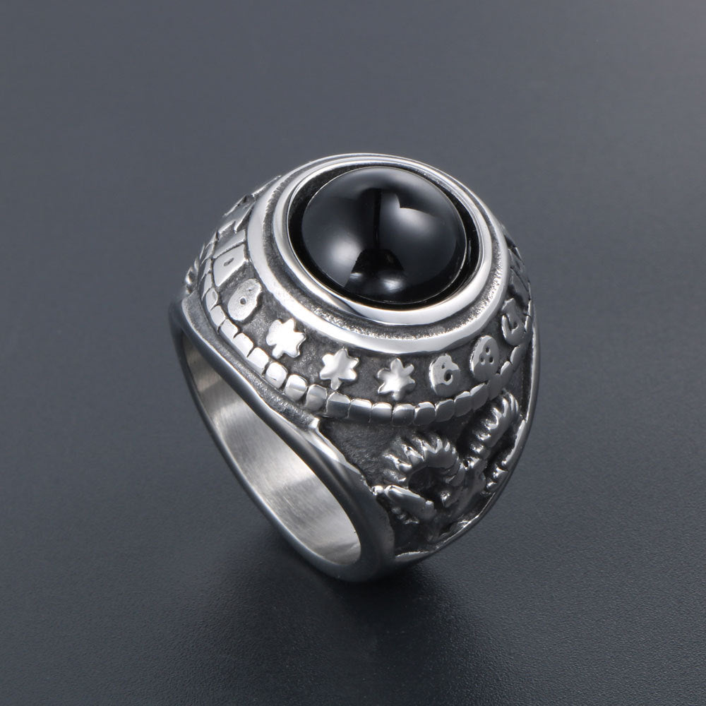 Retro Titanium Steel Ring with Red and Black Agate for Men - Noble Court Fashion Jewelry