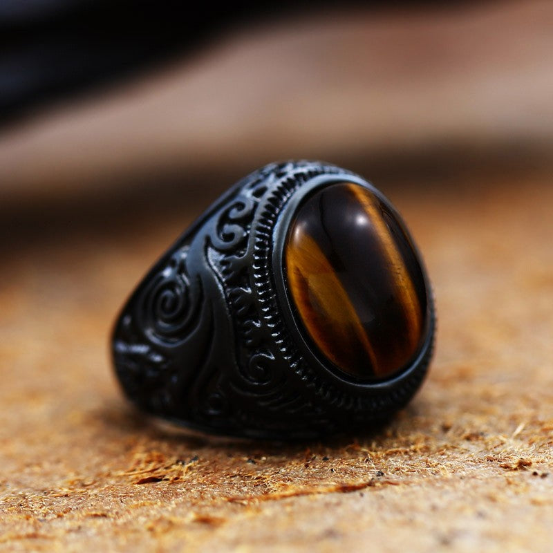 Retro Gem-Inlaid Titanium Steel Men's Engraved Ring - Wholesale Collection