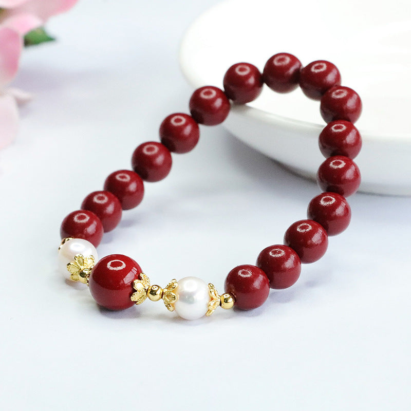 Vermilion Pearl and Gold Sand Bracelet: Handcrafted Sterling Silver Jewelry