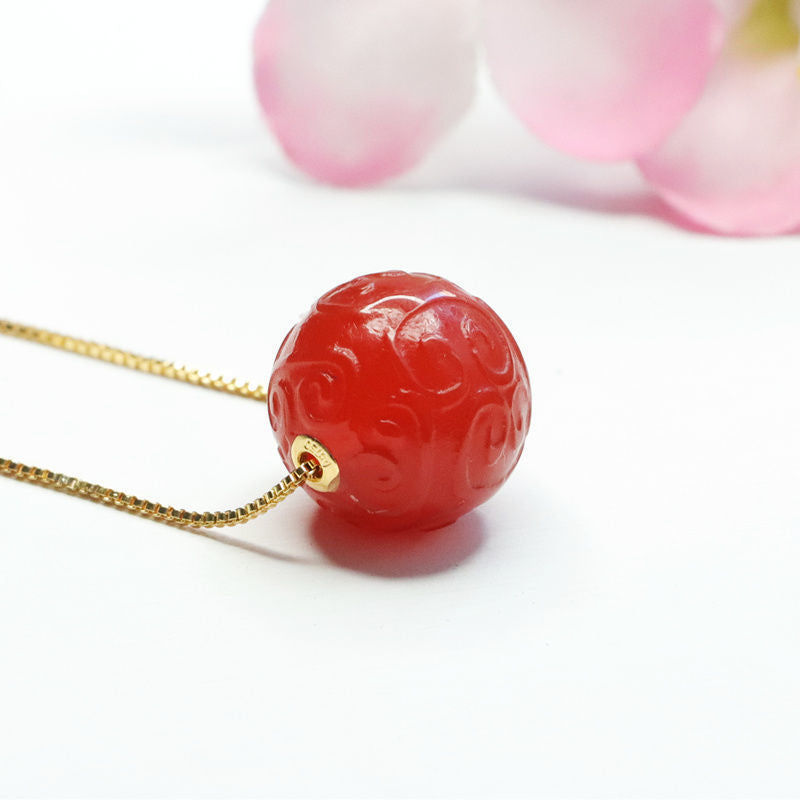 Natural Red Agate Auspicious Cloudscape Pattern Round Beads Pendant Golden Necklace Jewelry