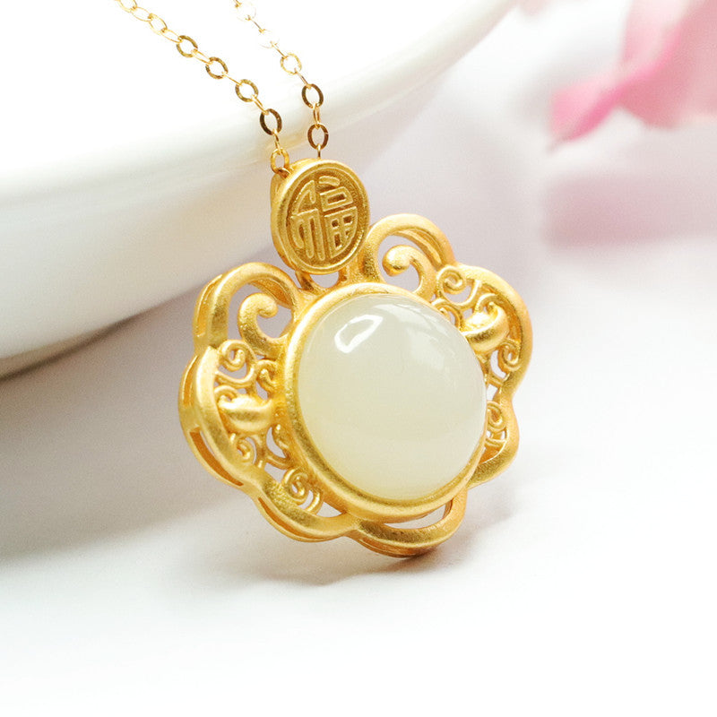 S925 Silver Natural Hotan Jade Pendant Round White Jade Hollow Blessing Ruyi Necklace