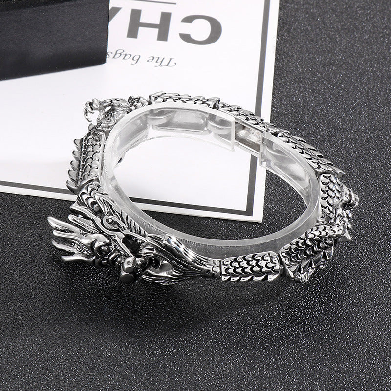 Titanium Steel Men's Bracelet with Retro Punk Zodiac Dragon Design