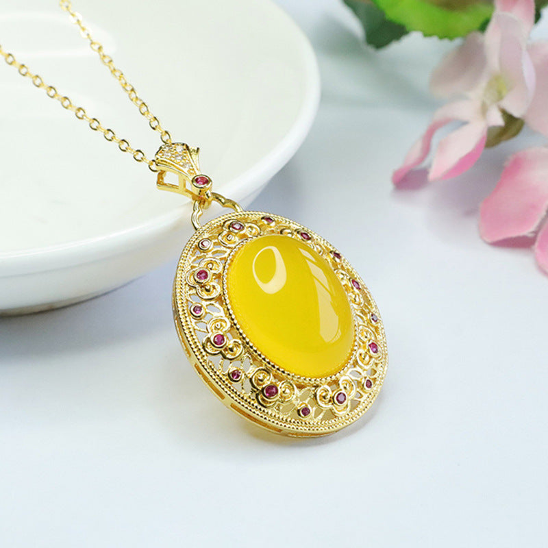 Yellow Chalcedony Ruyi Pattern Zircon Sterling Silver Pendant