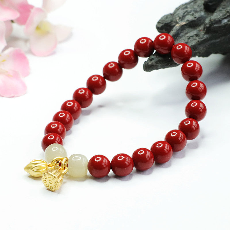 Fortune's Favor Sterling Silver Bracelet with Cinnabar Stone and Hetian Jade