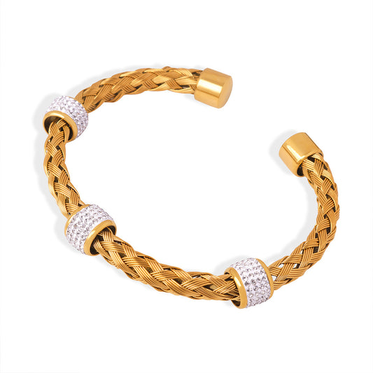 Glamorous Gold-Plated Open Bracelet with Zircon Embellishments