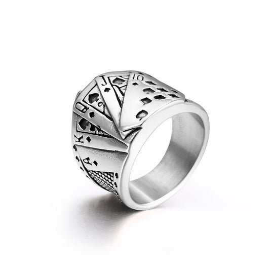 Customizable Titanium Steel Playing Card Ring for Men - Stylish Hip-Hop Rock Jewelry