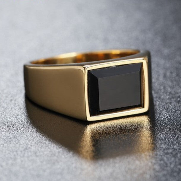 Sleek Men's Titanium Steel Square Ring with Black Zircon Accent