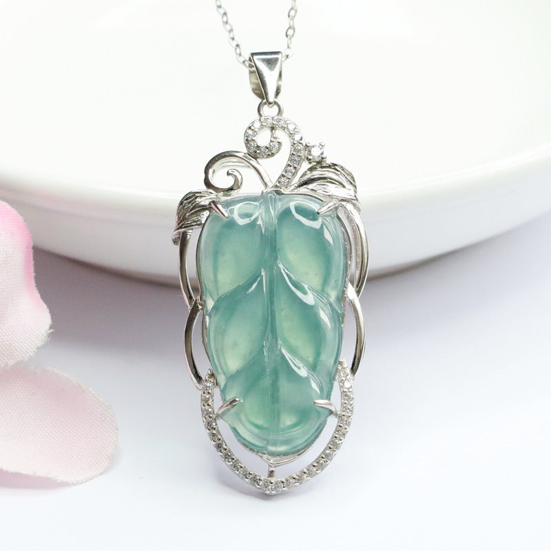 Ice Blue-Green Leaves Hollow Necklace with Jade Gemstone