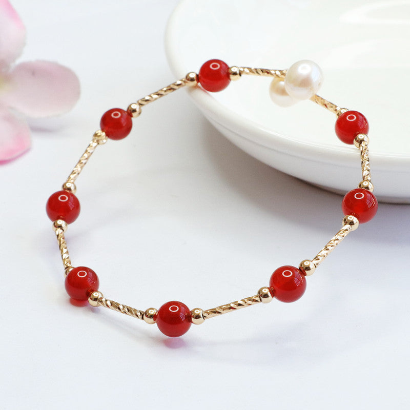 Red Agate and Pearl Sterling Silver Bracelet