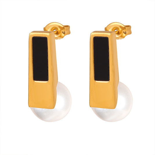 Golden Luxury Korean Titanium Steel Pearl Drop Earrings with Unique Design