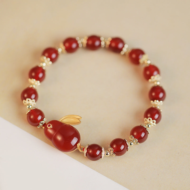 Natural Red Agate and Hetian Jade Sterling Silver Bracelet with Jade Rabbit