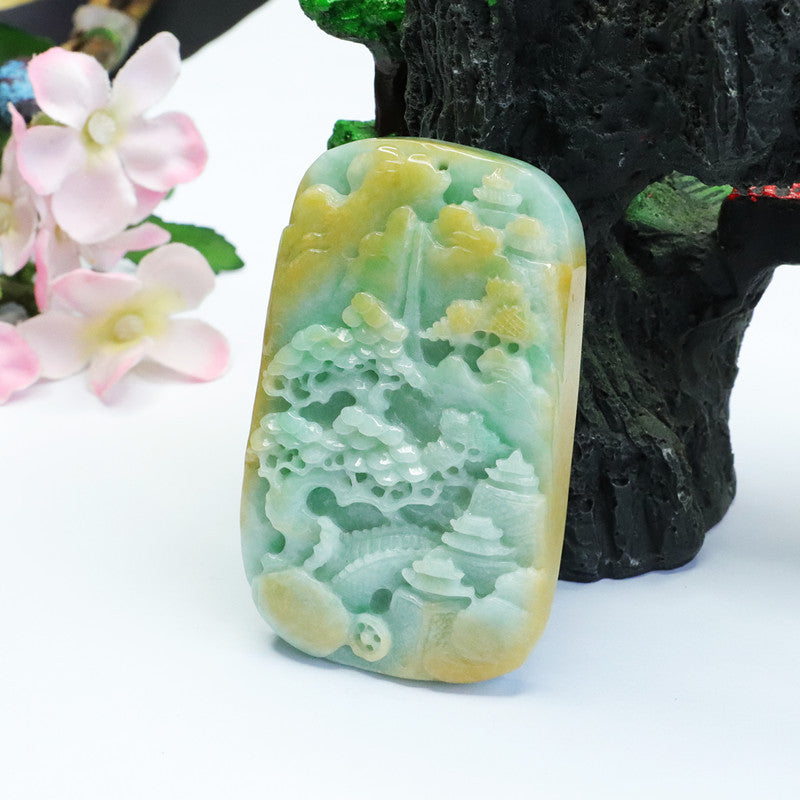 Landscape Jade Pendant Featuring High-Quality Yellow and Green Carving