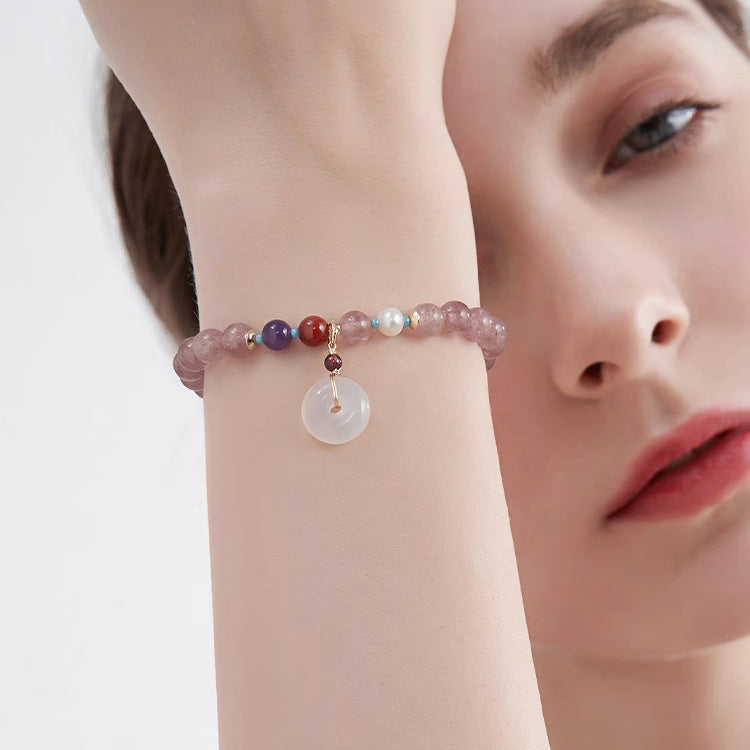 Elegant Ping An Buckle Bracelet for Women with Peach Blossom and Strawberry Crystal Beads