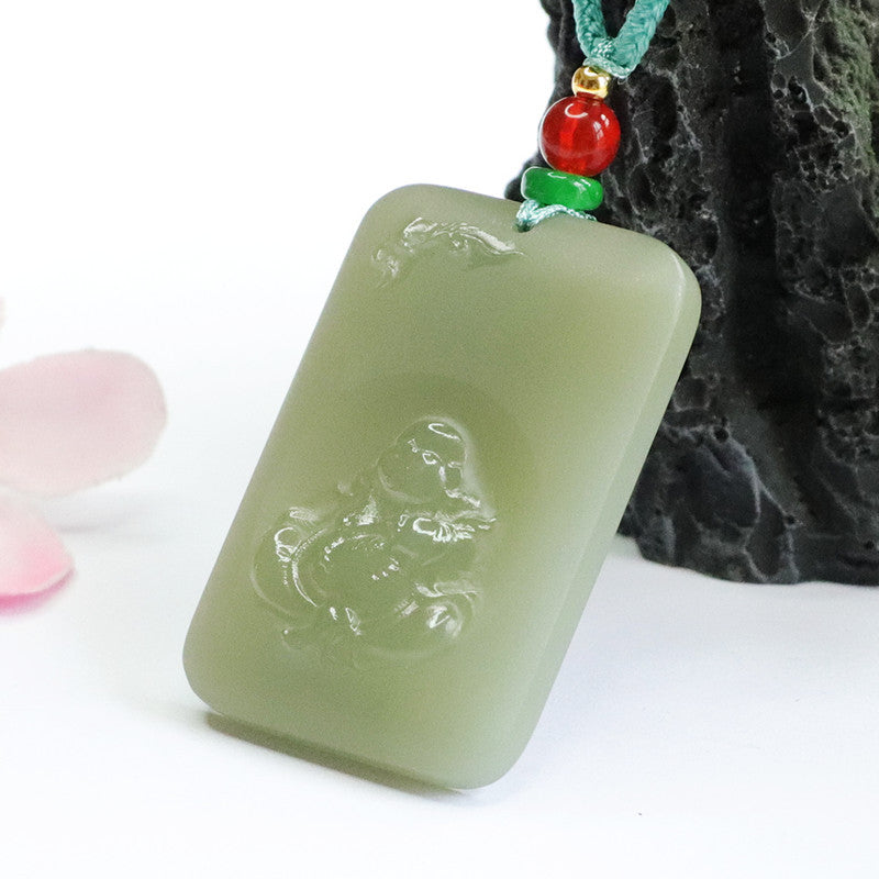 Buddha Carving Hetian Jade Pendant with Sterling Silver Details