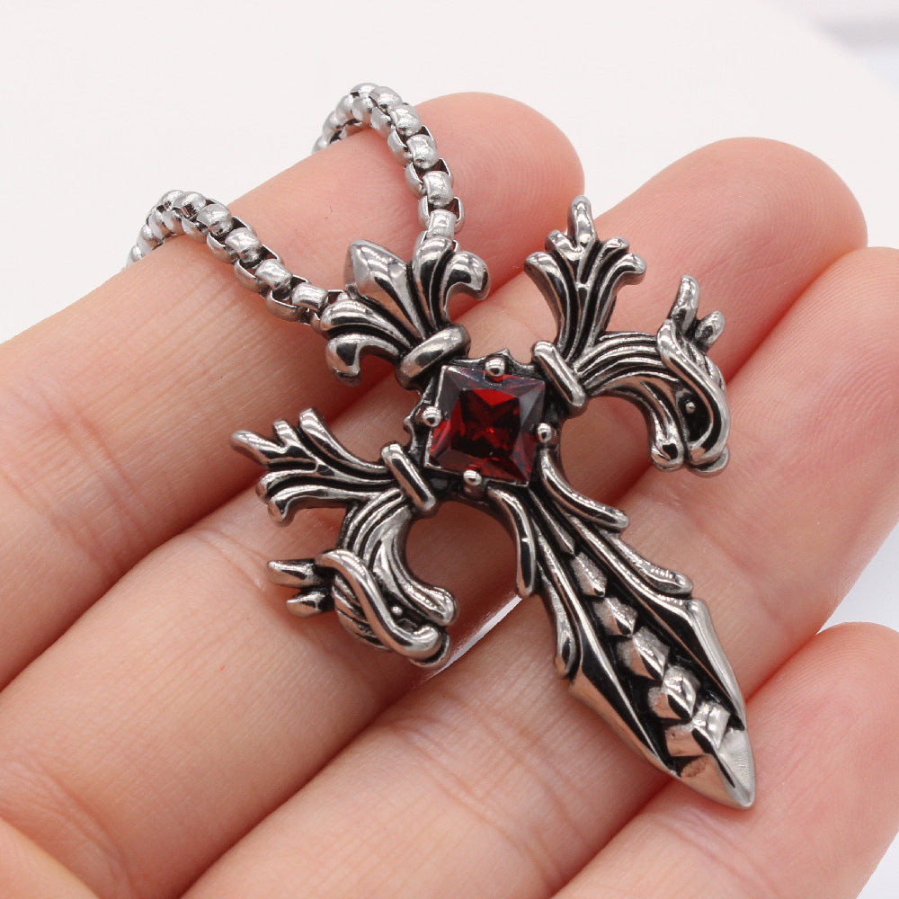 Cross Flower Sword Square Zircon Titanium Steel Necklace for Men