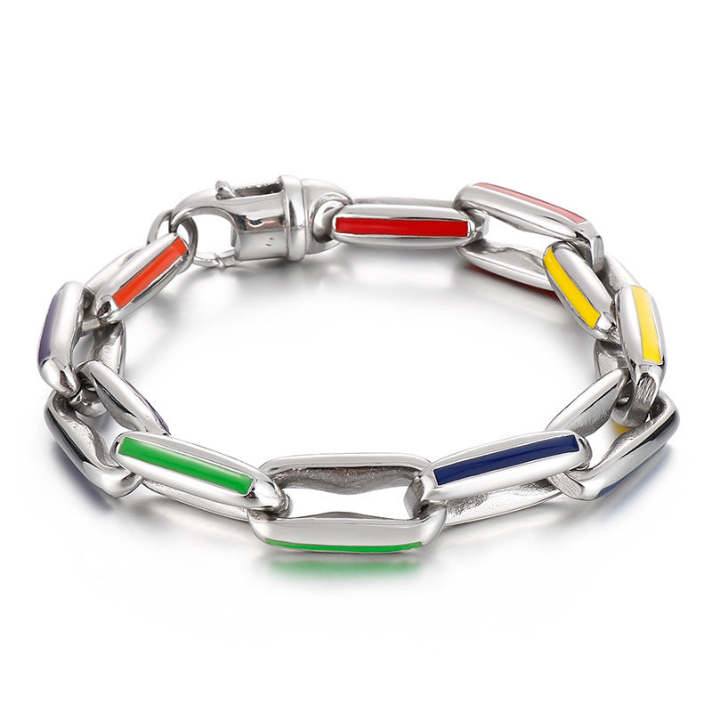 Hip-Hop Inspired Spliced Hollow Colorful Bracelet for Men - European & American Titanium Steel Square Cuban Chain