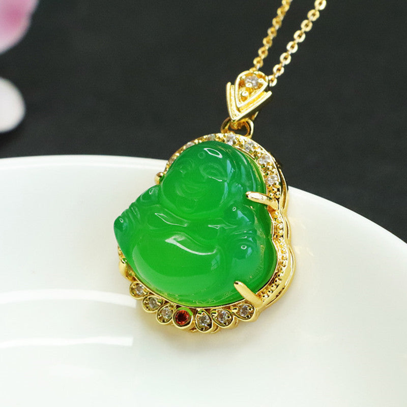 Green Chalcedony Maitreya Buddha Pendant Necklace in Sterling Silver