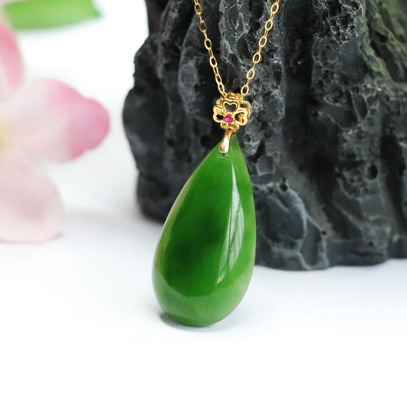 Fortune's Favor Hetian Jade Water Drop Four Leaf Clover Necklace