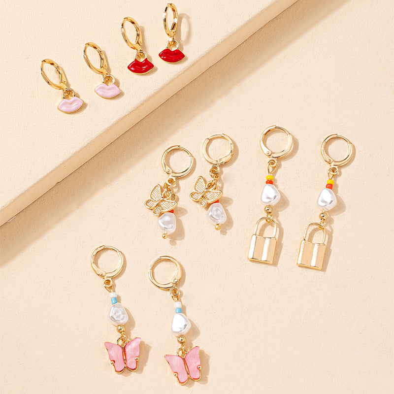 Butterfly Charm Earrings Set with Small Lock Detail