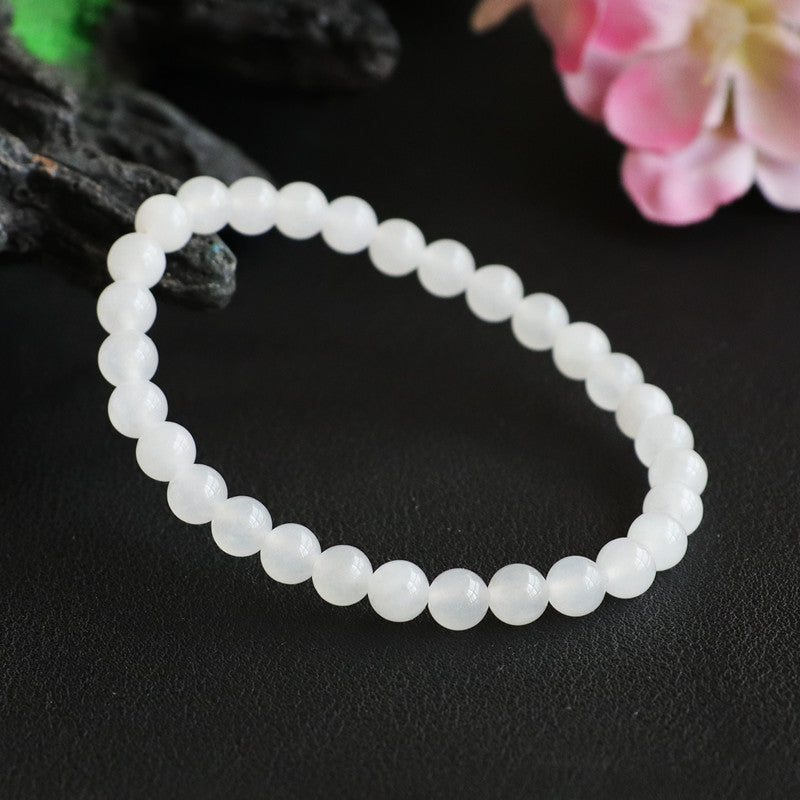 White Jade Round Beads Sterling Silver Bracelet