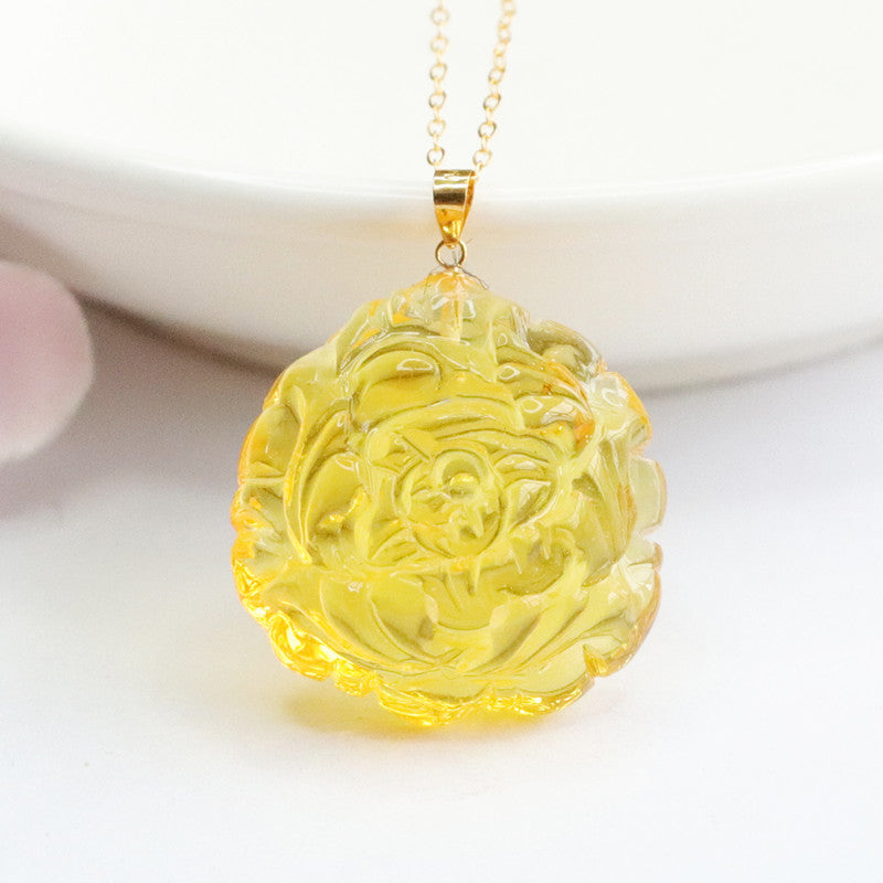 Golden Amber Peony Bloom and Prosperity Charm Necklace