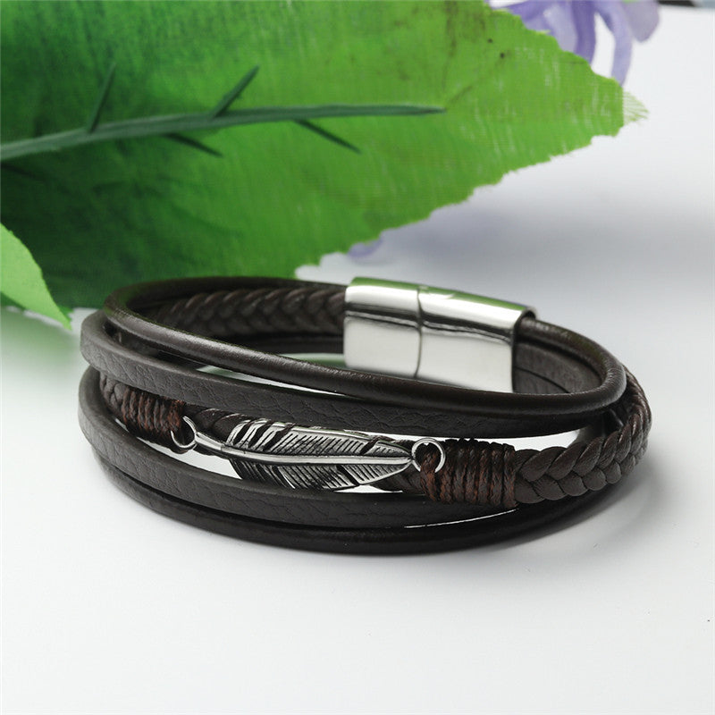 Titanium Steel Winged Punk Leather Bracelet for Men - Personalized Woven Design