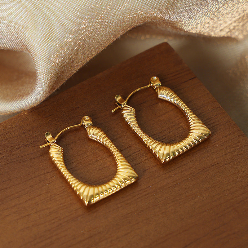 Striped Geometric Titanium Gold-Plated Earrings - Elegant Retro Jewelry for Women