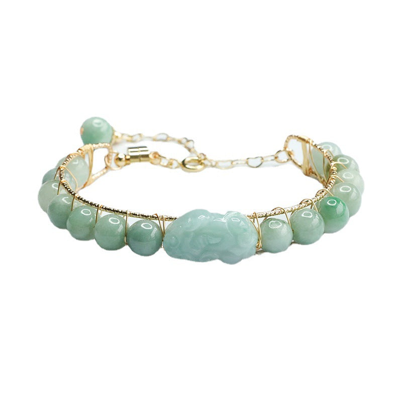 Jade Pixiu Sterling Silver Bracelet with Natural A-grade Jade Ball