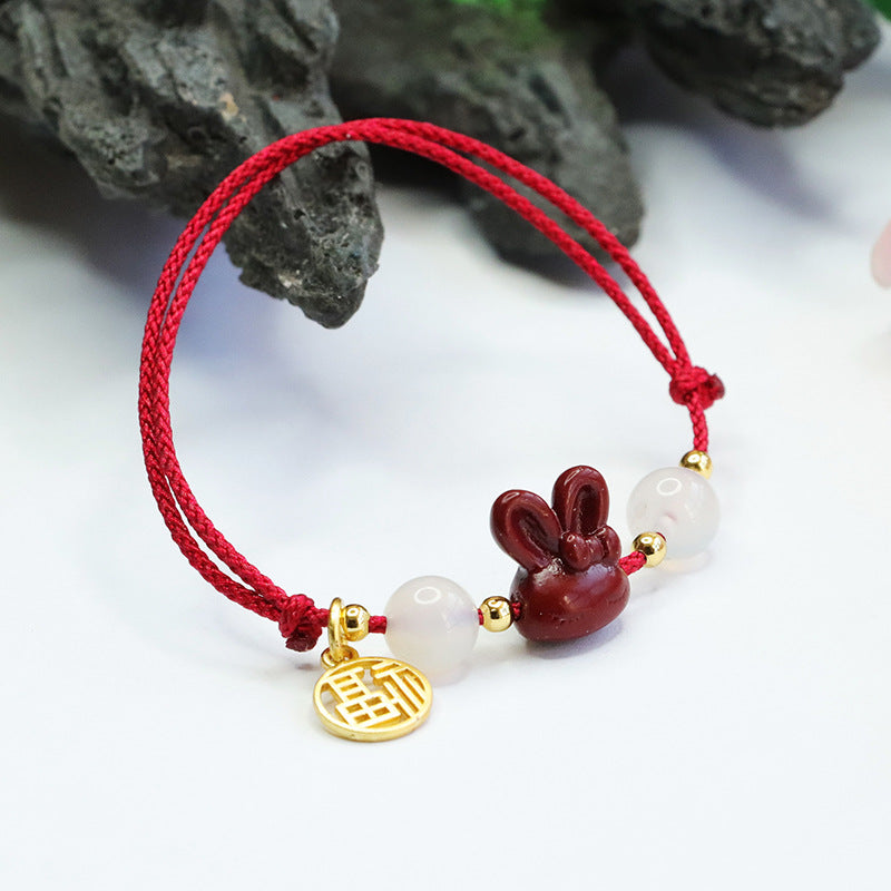 Handwoven Red Cinnabar Rabbit Head Bracelet