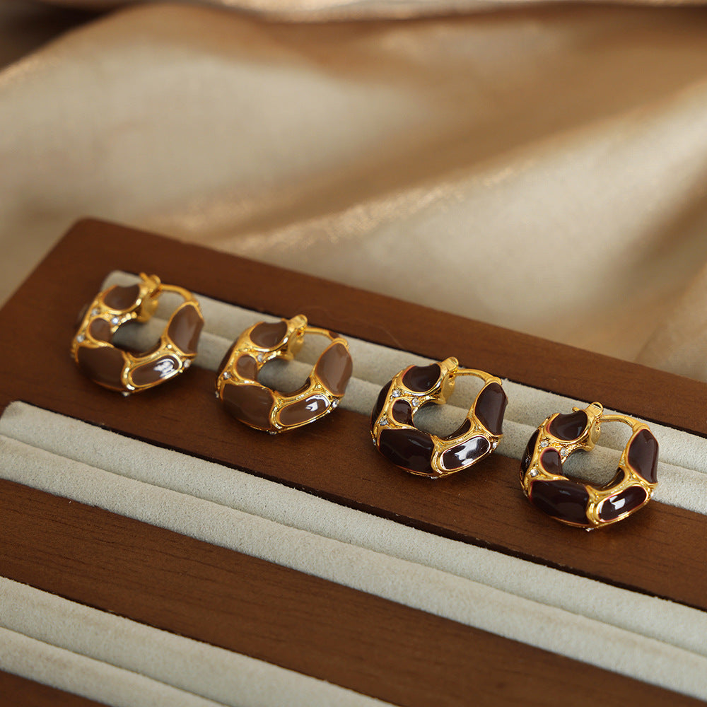 Geometric U-Shaped Copper Earrings with Zircons and Enamel Glaze