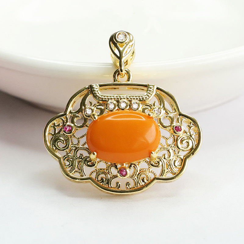 Golden Ruyi Beeswax Amber Pendant in Sterling Silver